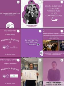 On peut voir une page Instagram, avec plusieurs posts (vidéos et carrousels). L'identité visuelle est respectée car on voit que la couleur violette est dominante (couleur principale de la formation). Les typographies sont blanches, on voit le logo de la formation. On reconnaît donc le BTS Com' Bergès directement. 